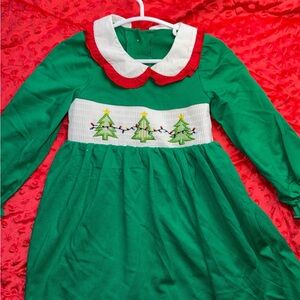 Festive Green Kids Dress with Christmas Tree Embroidery